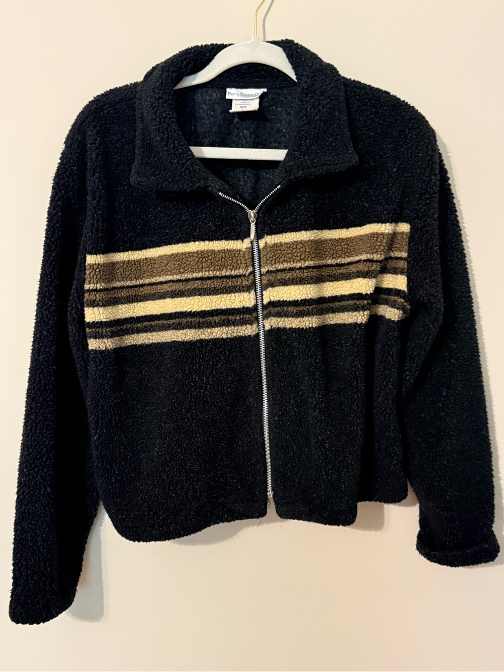 Vintage Paris Sports Club Black Sherpa Zip-Up Jacket with Contrast Stripes